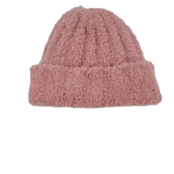 Free People Cloud Rib Folded Up Cuff Faux Fur Lining Blush Pink Beanie One Size - Picture 4 of 4
